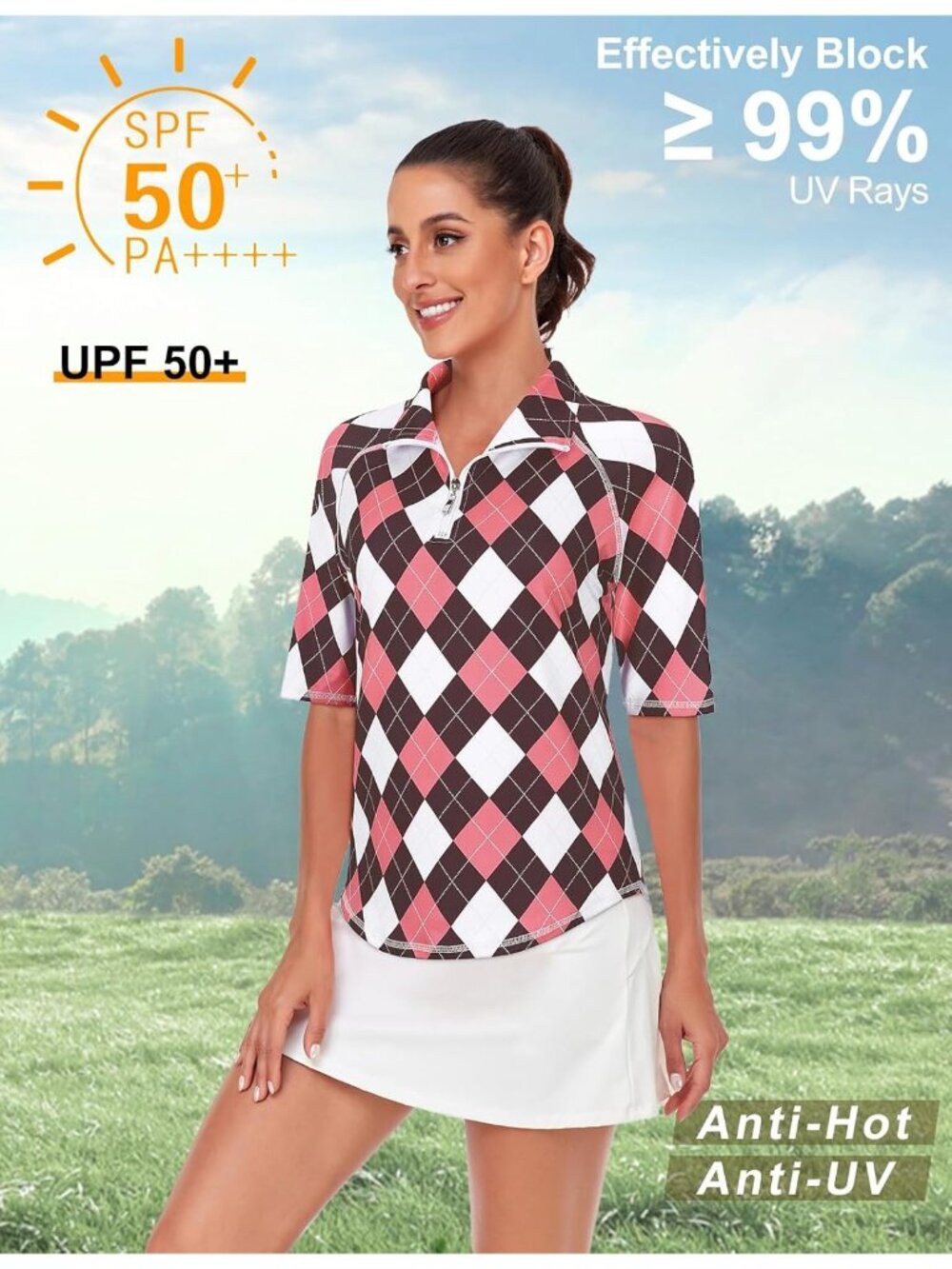 Womens Brown-pink Argyle Golf Shirt Half Sleeve Quarter Zip Tennis Tops M-3XL - Picture 4 of 4